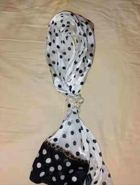 Polka Dot White and Black Scarf with a Sparkling Flower Accent